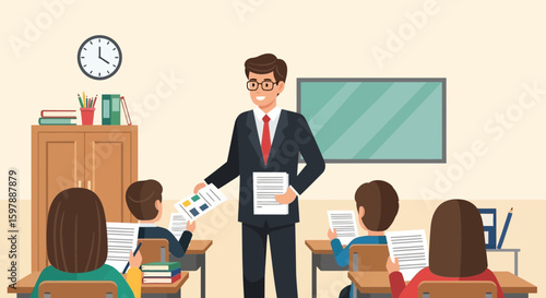 Smiling Professor Distributes Handouts to Students During a Lesson in Classroom