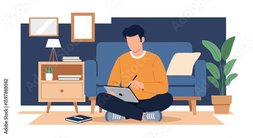 Person Working From Home Using Tablet for Creative Work and Digital Design
