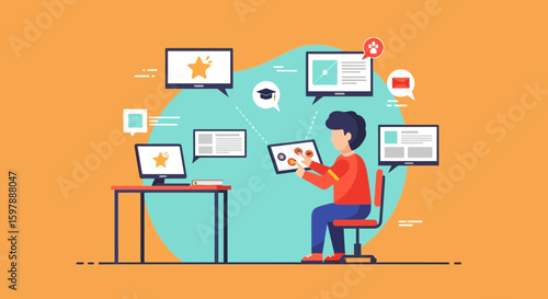 Person Working With Tablet Connecting To Multiple Digital Platforms And Applications