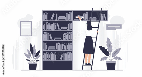 Woman Reaching For Book On High Shelf Using Ladder In Library Concept