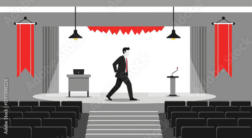 Speaker Enters Stage For Business Presentation In Auditorium With Empty Seats