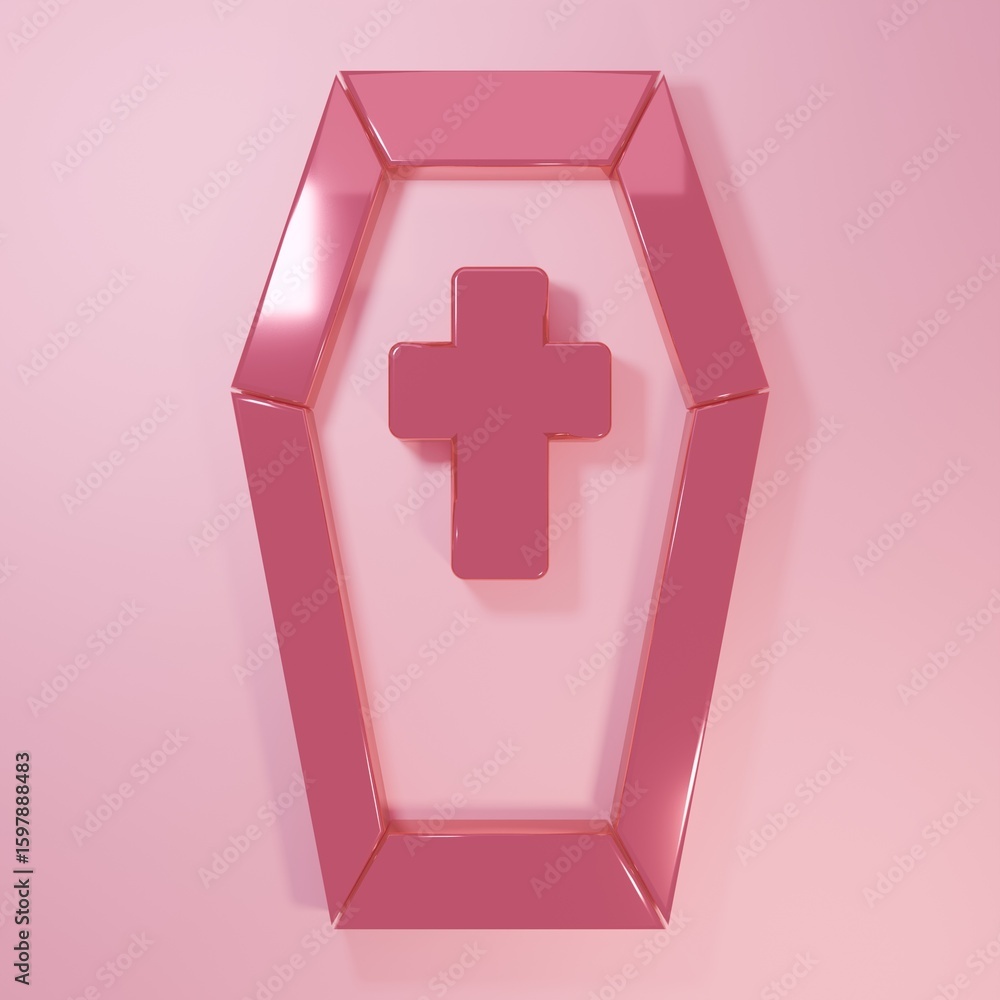 Obraz premium Pink Coffin with christian cross icon isolated on pink background. Happy Halloween party. Minimalism concept. 3D render illustration
