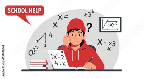 Stressed Student Studying Math Problems Seeking Assistance With Equations And Calculations