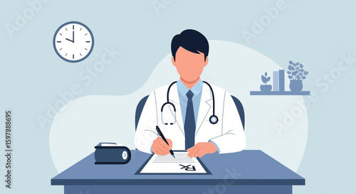 Physician Writes Prescription At Desk In Clinic Vector Illustration Concept