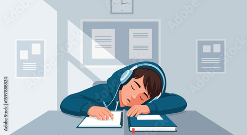 Student Asleep At Desk During Study Session While Listening To Music