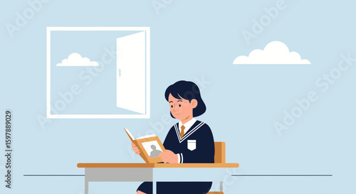 Student At Desk Reading Dream Of Future In Open Door Frame Illustration