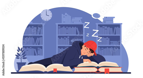 Student Asleep On Books In Library Exhausted From Studying Vector Illustration