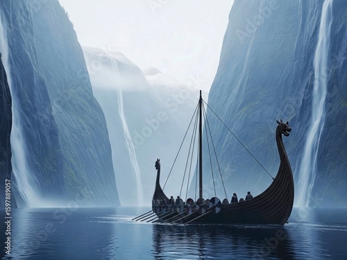 Viking Longship in Misty Nordic Fjord
