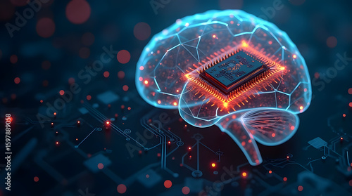 Artificial intelligence brain with glowing circuitry and processor representing advanced technology and neural networks