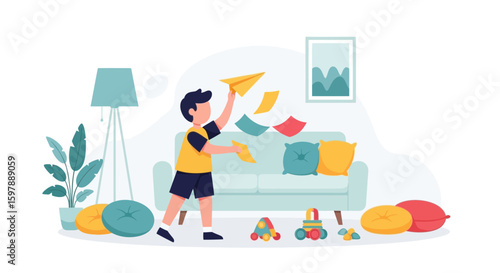 Playful Child Enjoys Creative Indoor Fun With Colorful Paper Planes And Toys