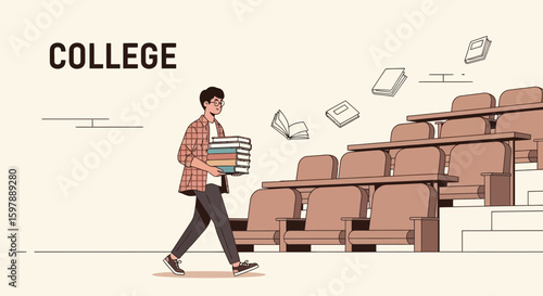 Student Carrying Books Walking Into Lecture Hall Education Illustration