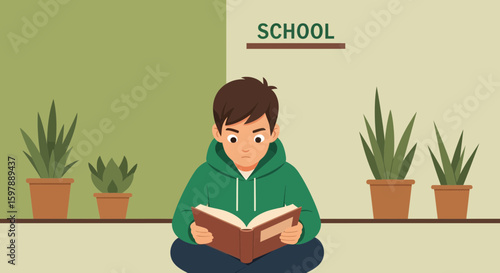 Student Concentrates On A Book In The Classroom With Indoor Plants