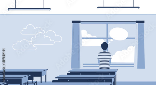 Student Daydreaming Looking Out Window During Class In Classroom School