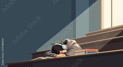 Student Drowsing During Studies With Headphones On Desk In Classroom