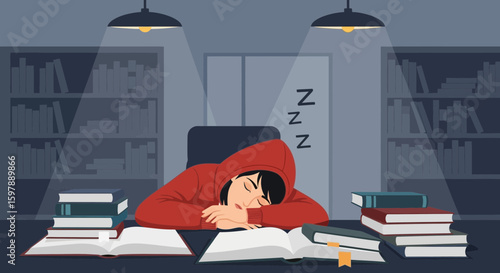 Student Exhaustion Overwhelmed By Studies Sleeping on Books in the Library