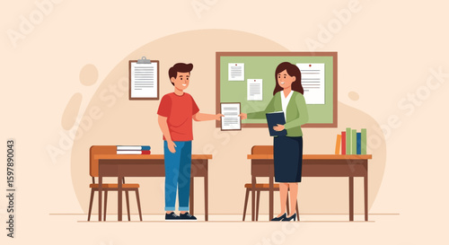 Student Giving Assignment To Teacher In Classroom Learning And Education Concept