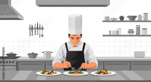Professional Chef Plating Gourmet Dishes In A Modern Restaurant Kitchen