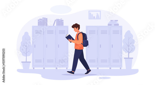 Student Immersed In Reading While Walking In The School Hallway Cartoon