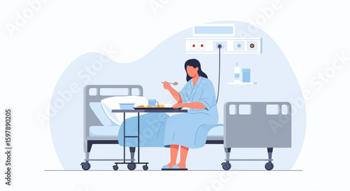 Woman Sits in Hospital Bed Eating Recovery Meal with a Positive Mindset