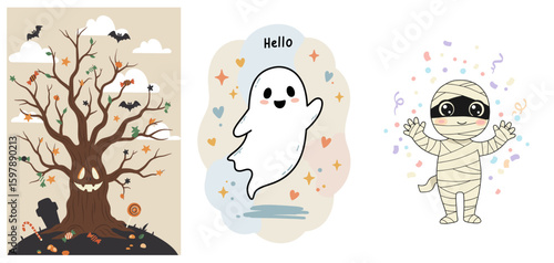   Set of three vector illustrations - smiling tree, waving ghost and mummies in playful style on Halloween theme