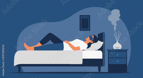 Woman Sleeping Peacefully In Bed At Night With Essential Oil Diffuser