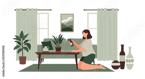 Woman Sprays Water On Houseplant Inside A Home With Minimalist Scandinavian Decor