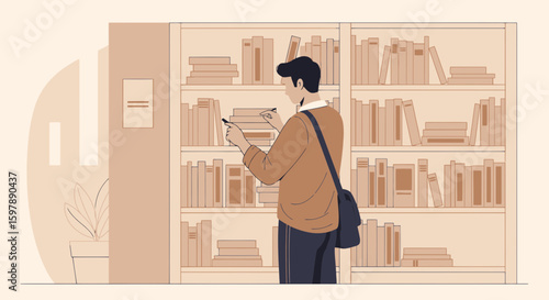 Student In Library Choosing Books From A Bookshelf For Research And Study