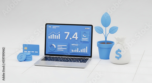 An open laptop with data dashboards sits near money, a card, and plant