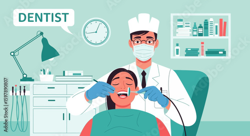 Professional Dentist Giving Oral Exam To Patient In Clinic For Dental Health
