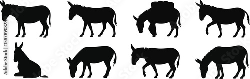 Donkey silhouette vector set showing eight unique poses including standing, grazing, sitting, walking and load carrying—ideal for countryside animal, farm work and rural themes vector template flat 