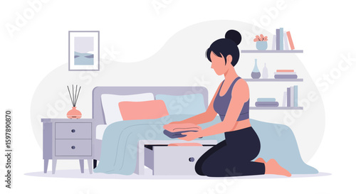 Woman Tidying Bedroom Placing Clothes Neatly In Drawer Under Bed At Home