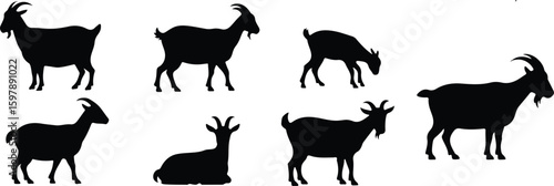 Goat silhouette vector set featuring six unique farm animal poses including standing, grazing and resting—ideal for countryside graphics, livestock design and nature themes vector template flat 2025