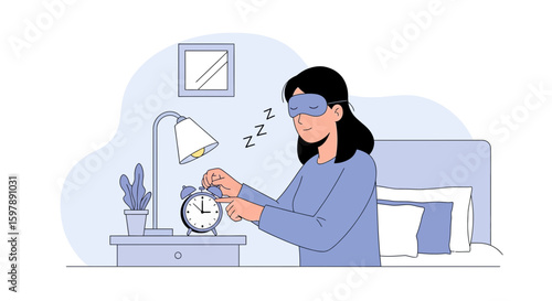 Woman Turns Off The Alarm Clock In Bedroom Early Morning Hours