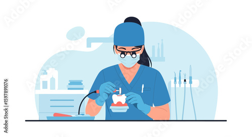 Professional Dentist Training On Model In Dental Clinic Wearing Mask Illustration