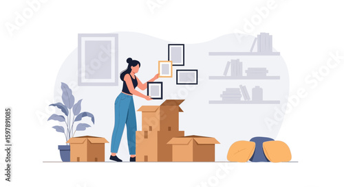 Woman Unpacking Boxes In A New Home Or Apartment After Relocation