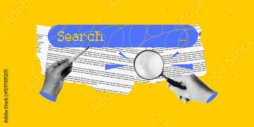 Trendy halftone collage search concept and cut out hands pointing on it. Modern retro vector illustration for mixed media design.