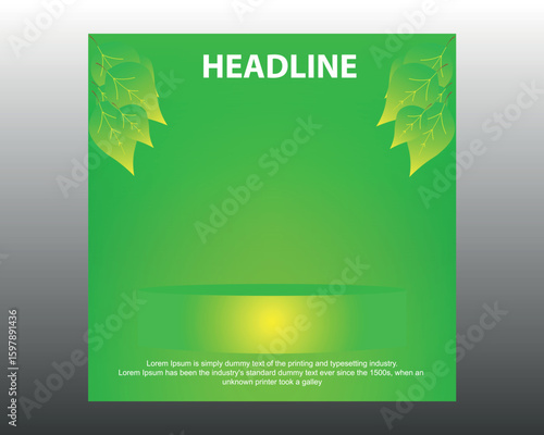 Editable green eco social media post template with decorative leaves and podium for product display or promotional design. EPS vector background ideal for ads, banners, and marketing