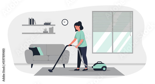 Woman Vacuuming A Modern Living Room For Home Upkeep And Everyday Tasks