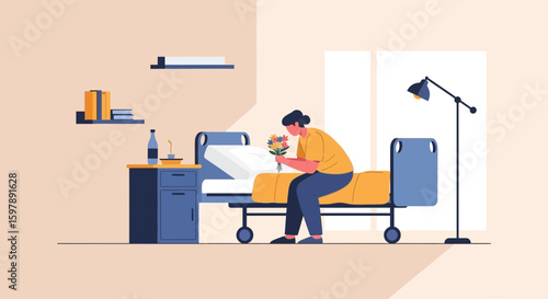 Woman Visiting Hospital Room With Flowers Giving Support And Comfort