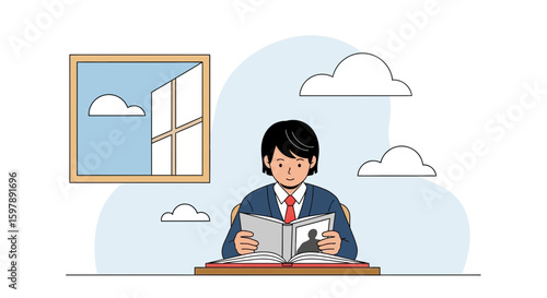 Student Reading Book In Tranquil Scene With Window And Cloud Illustrations