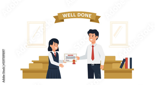 Student Receives Graduation Certificate From Teacher With Well Done Message