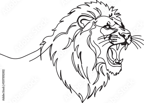 Continuous line art of a roaring lion, hand-drawn modern style, clean vector look, high-contrast black on white,
