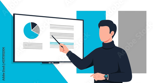 Professional Presentation With Male Figure Explaining Business Data On Screen