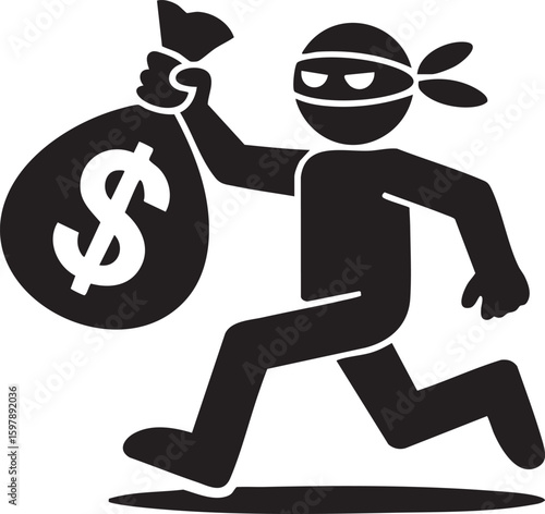 Silhouette Of A Masked Thief Running With Money Bag Vector Illustration Symbolizing Robbery Criminal Action Simple Black Icon

