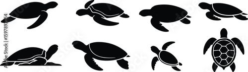 Turtle silhouette vector set showing seven unique poses including walking, resting and top-down hexagonal shell view—perfect for animal graphics, nature themes and wildlife concepts vector template fl