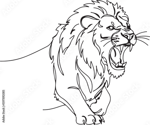 Continuous line art of a roaring lion, hand-drawn modern style, clean vector look, high-contrast black on white,