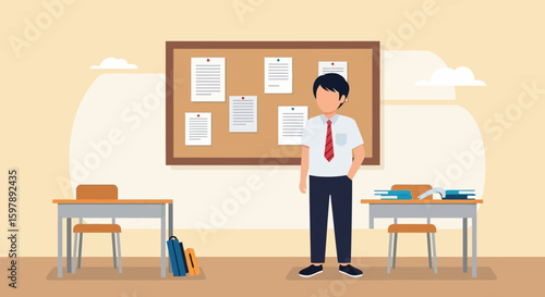 Student Standing In Classroom Studying Exam Result And Preparation With Books