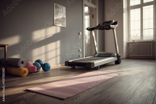 modern home gym setup showcasing variety of fitness equipment including treadmill exercise bike and weights