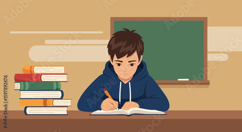 Student Studying Diligently at His Desk with Books and Chalkboard In Classroom