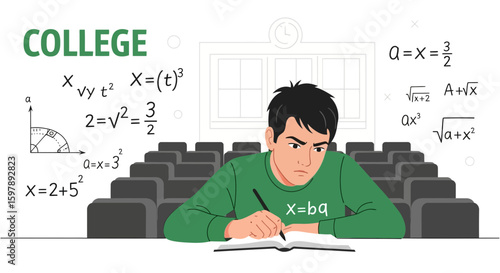 Student Studying Hard In Classroom Surrounded By Mathematical Equations And Formulas